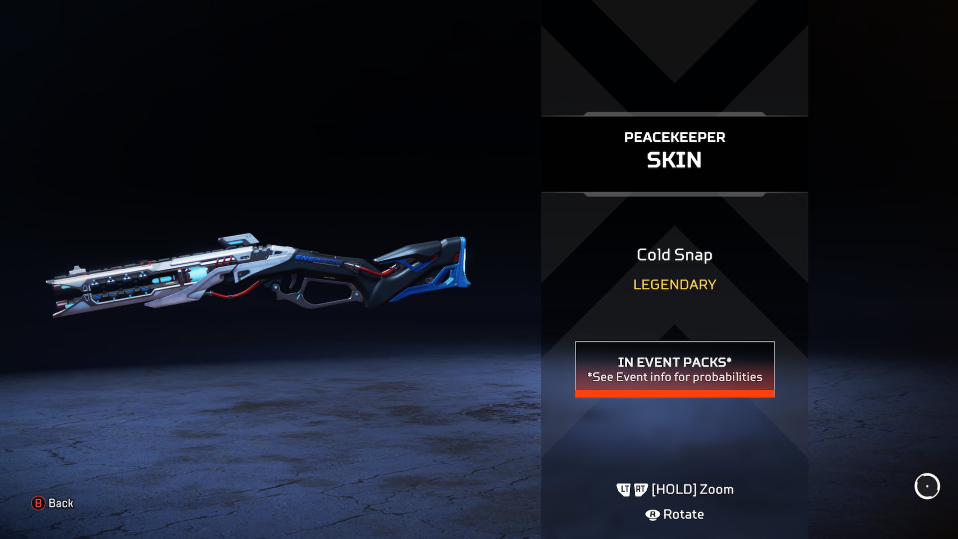 A Peacekeeper skin in white and blue with red wires around the stock and barrel.