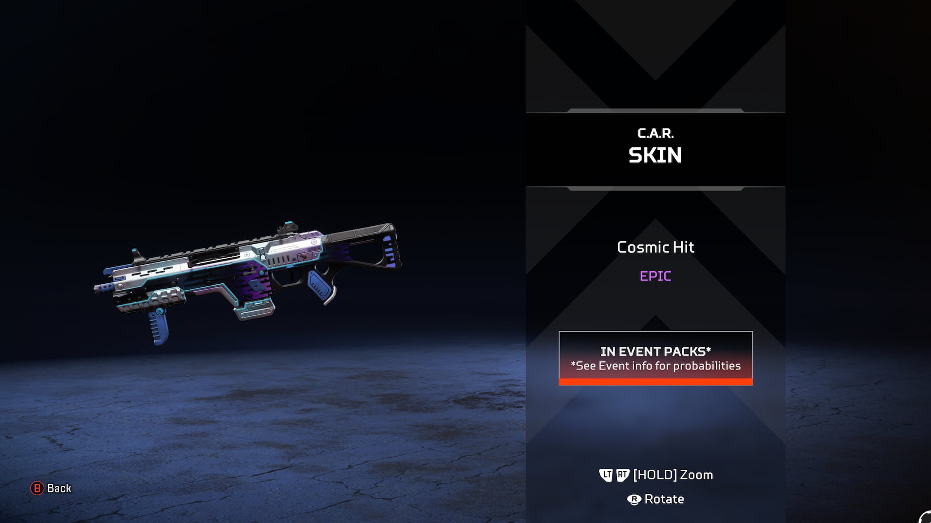 A CAR SMG skin with digitized graphics in green and purple.