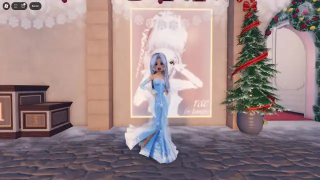 Dress to Impress model posing outside in an Ice Queen outfit.