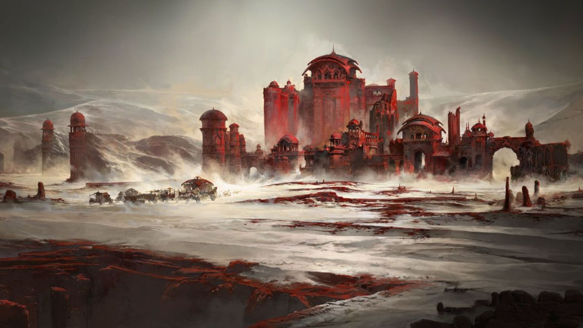 Mysterious red city in the distance from Path of Exile 2 press kit.