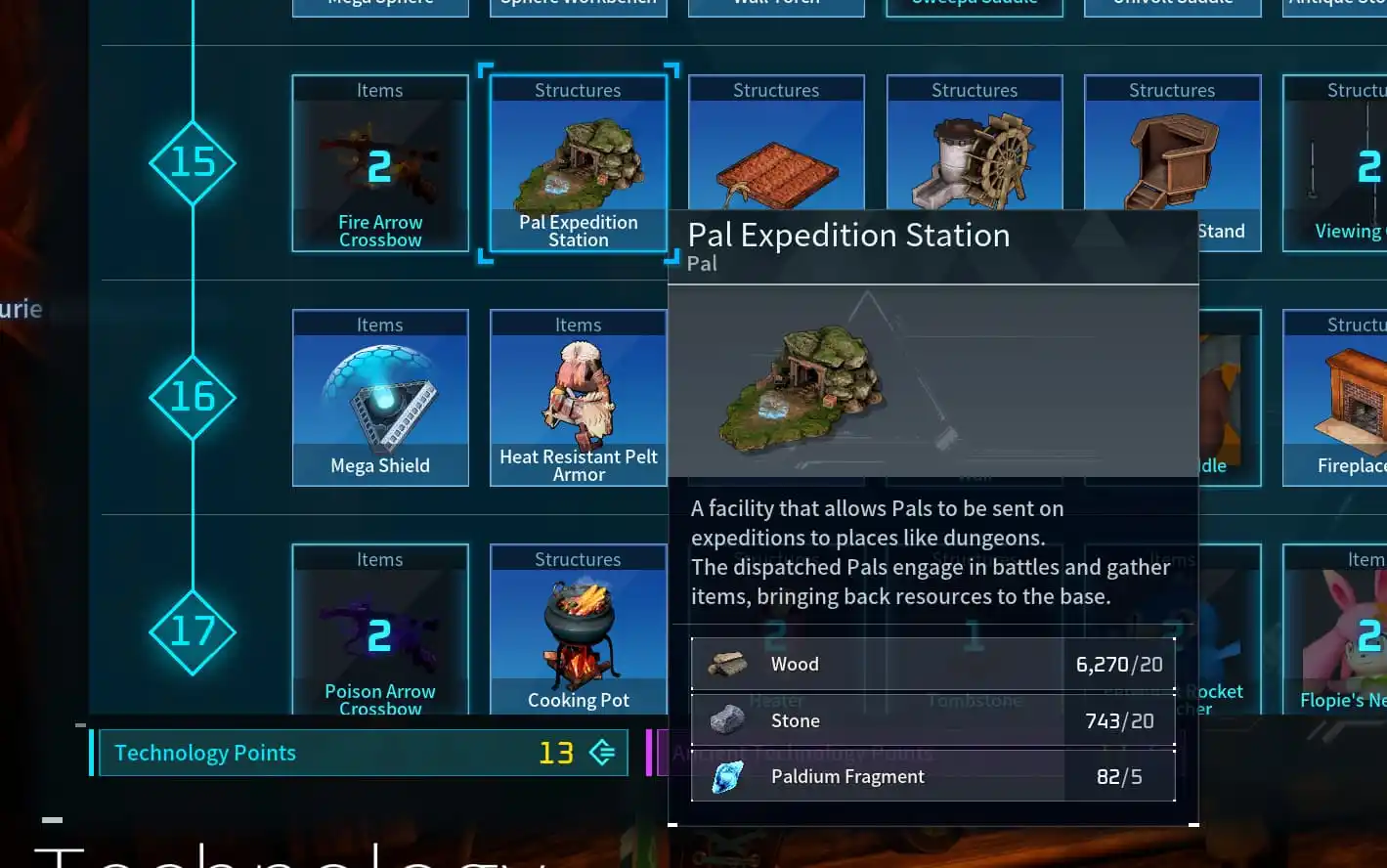 A screenshot from the Palworld Technology Screen showing the Pal Expedition Station and what level readers need to be to unlock it, as well as the required ingredients to craft it.