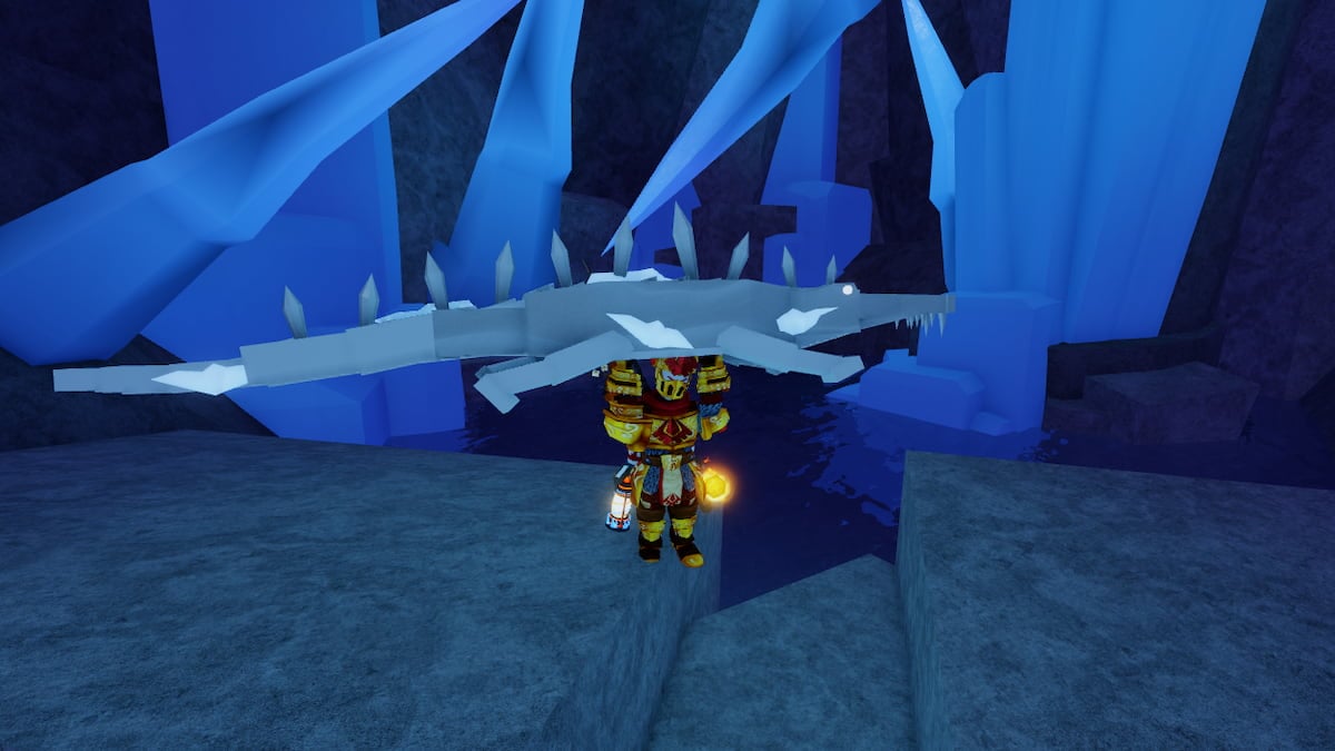 Picture showing a player holding a Polar Alligator fish in Frigid Cavern area in Fisch.