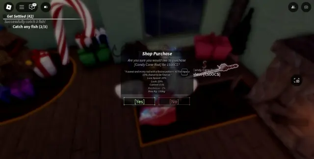 Picture showing the purchase menu in Santa's Workshop building to buy Candy Cane Rod in Fisch.