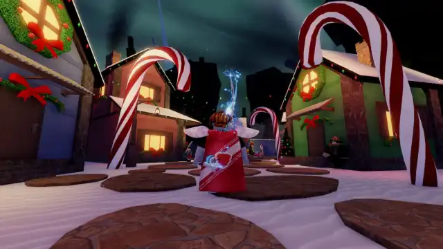 Picture showing the player in Winter Village using the Rod of the Forgotten Fang, which is before the Krampus's Rod in crafting menu in Fisch.