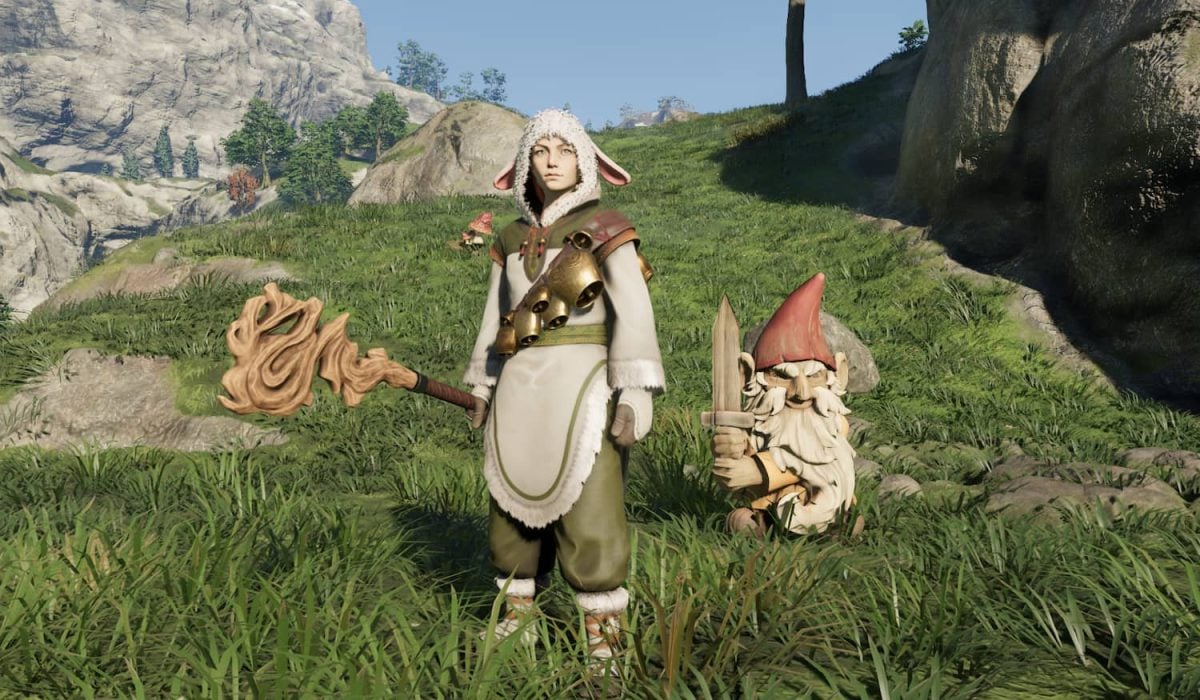 A character from Enshrouded stands atop a grassy hill next to a garden gnome. They wear a sheep-themed outfit.