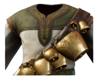 A green and white shirt with a bunch of golden metal bells attached to a chest strap. This is the Fluffy Tunic from Enshrouded.