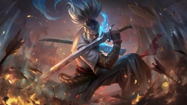 Yasuo holding his blade close to his head as he readies himself for another attack.