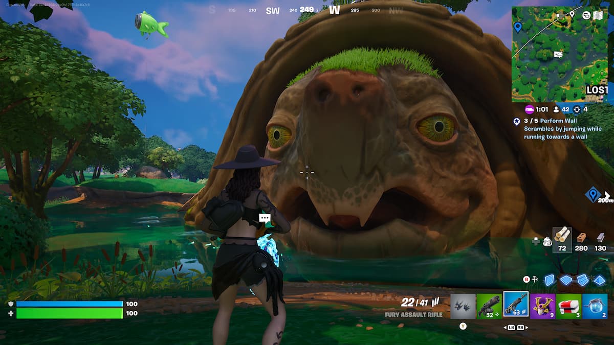 fortnite character looking at the giant brown and green turtle