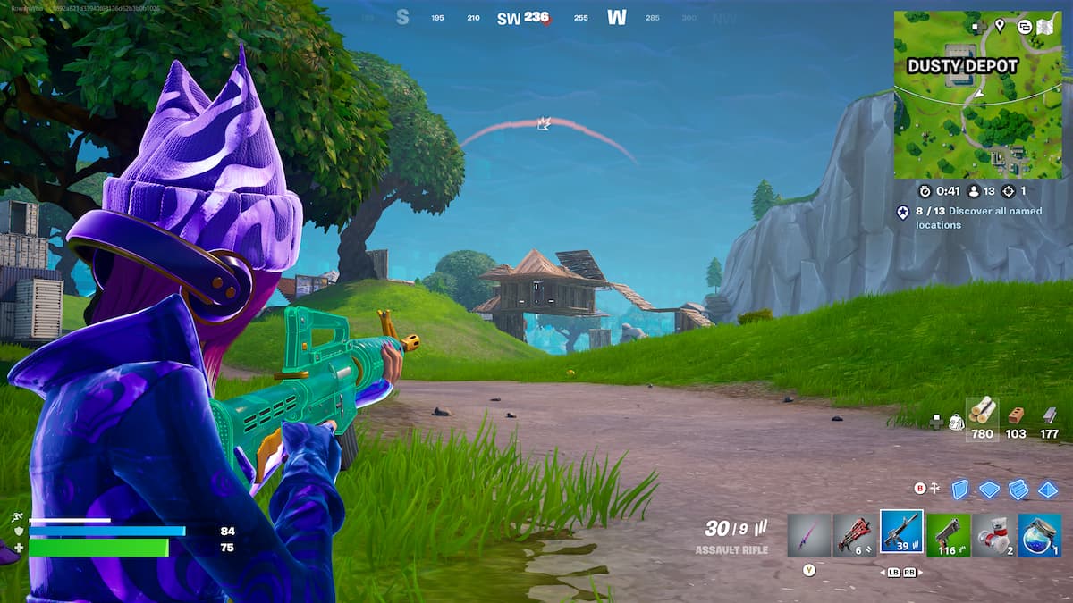 character in purple beanie aiming at a structure in fortnite og