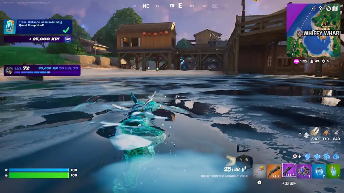 fortnite character swimming and completing a daily quest for XP