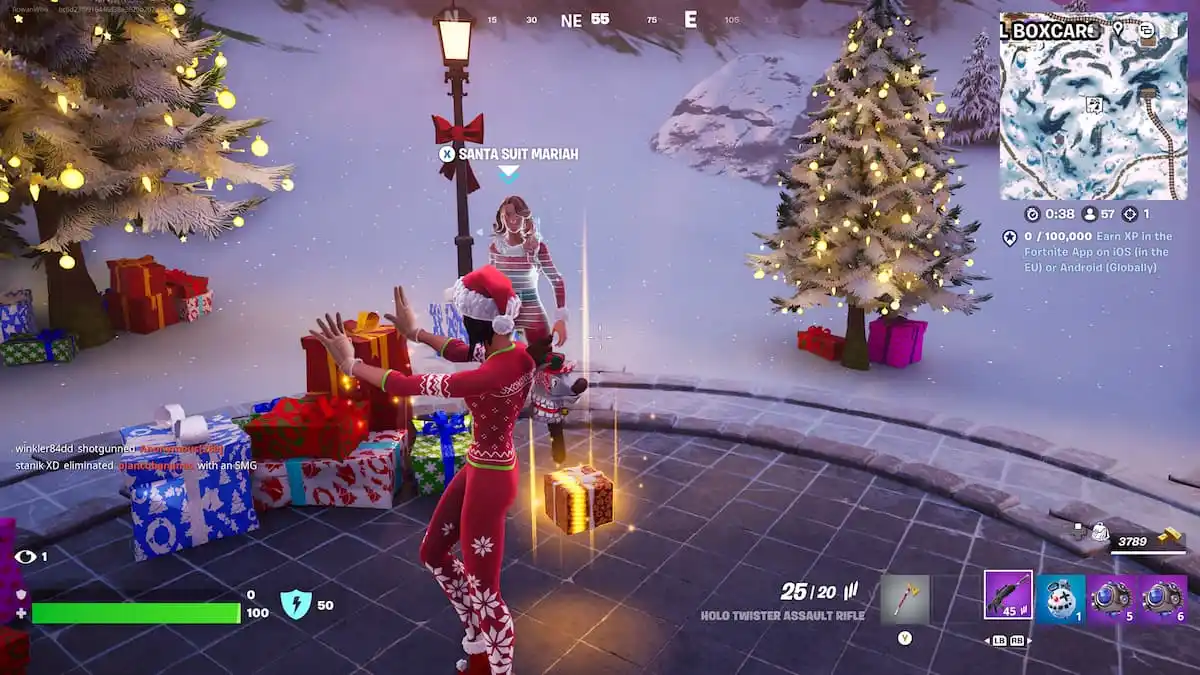 festive character emoting with Mariah in fortnite