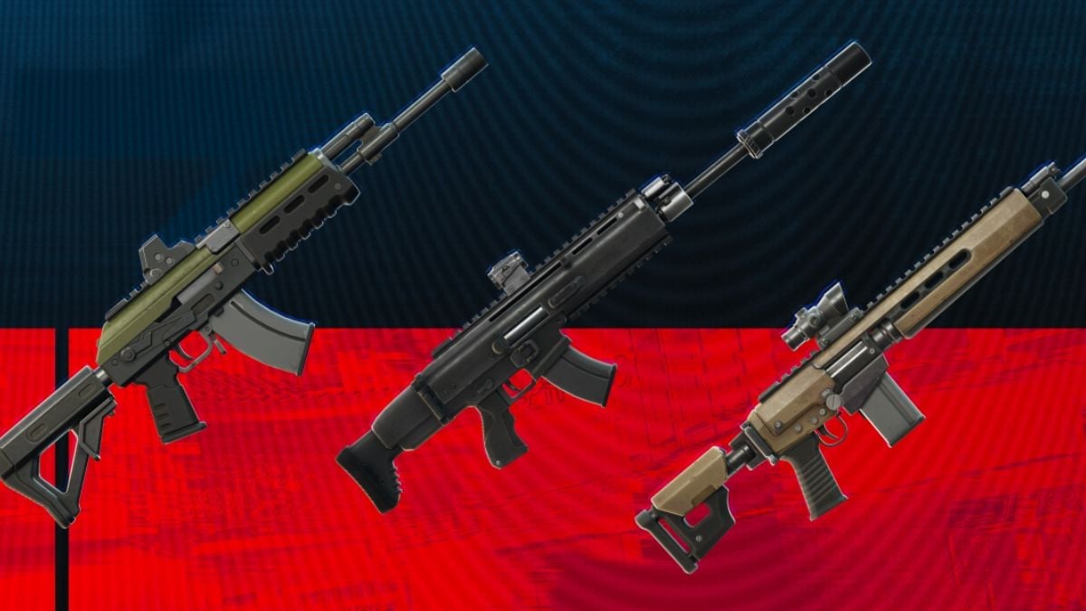 An image of three assault rifles from Fortnite's Ballistic gamemode against a red and black background.