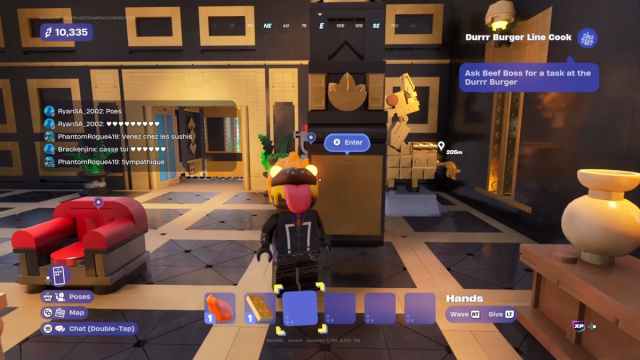 A player in the Ghost Ri-durr skin stood inside the bank in LEGO Fortnite Brick Life.