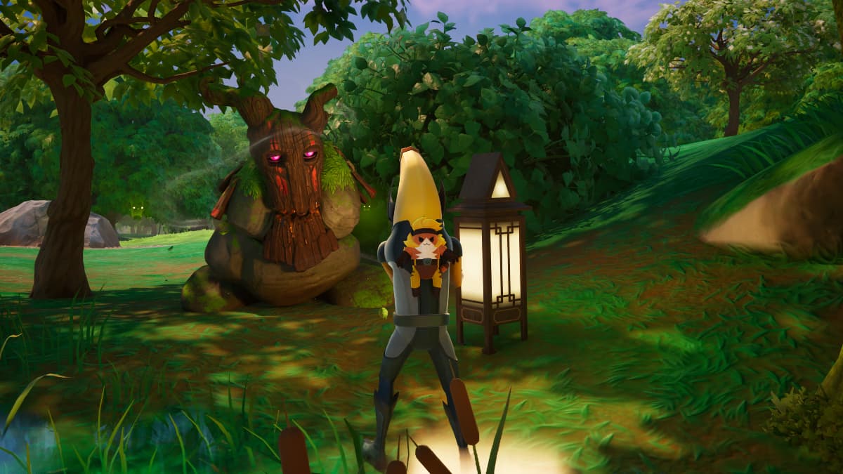 A player in the Peelverine skin in Fortnite interacting with an Earth Sprite.