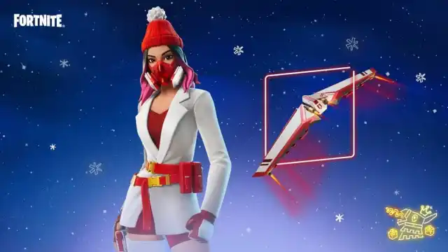 An image of the Yulejacket skin from Fortnite, which is free during the 2024 Winterfest event. This comes with a glider themed around this white and red skin.