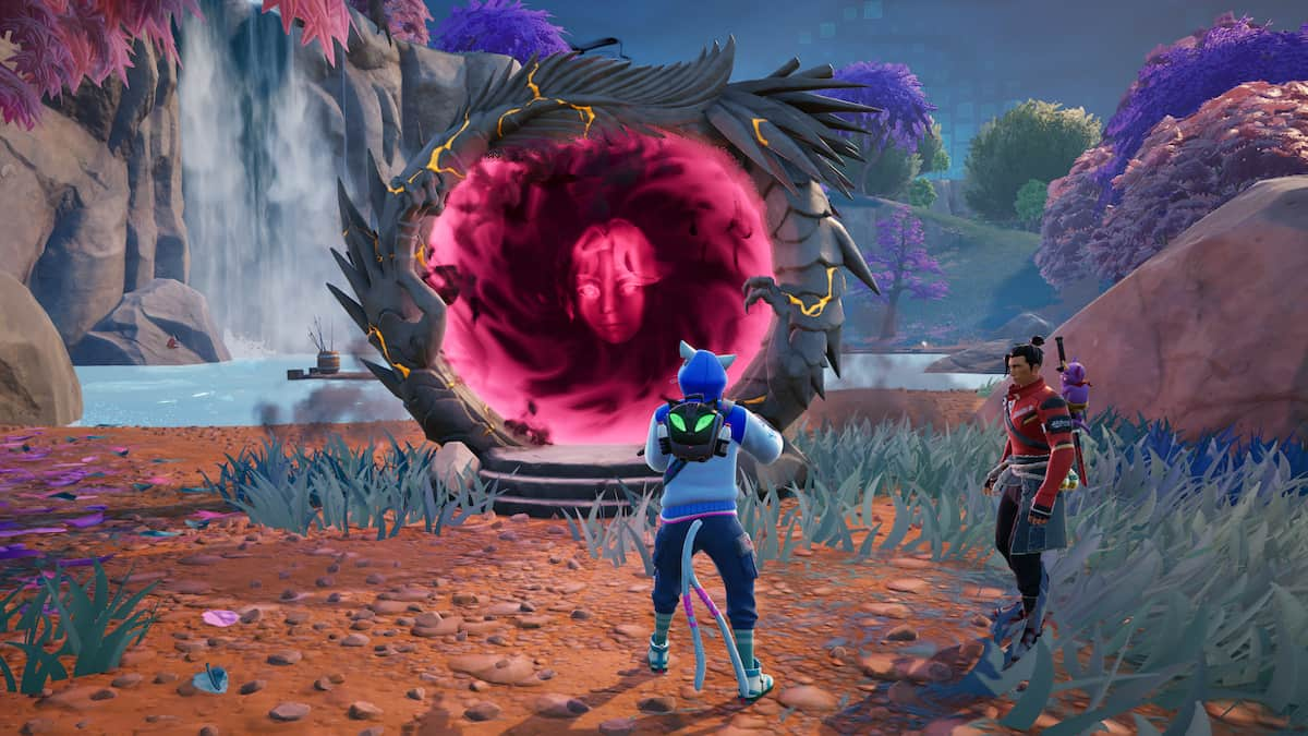 Picture showing a Fortnite player standing in front of a Portal looking at Jade with Kendo.