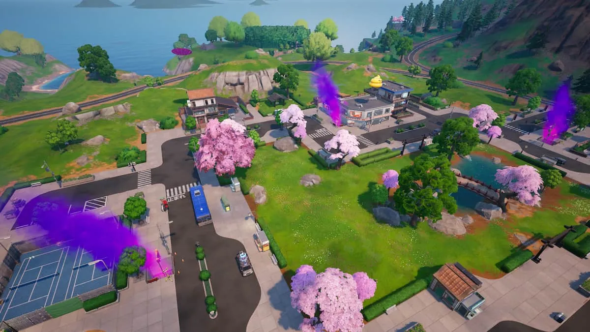 Picture showing the Masked Meadows point of interest with multiple ziplines with purple going underground.