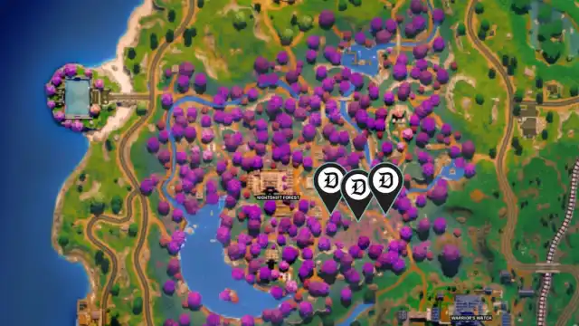 Picture showing the in-game locations on map to collect the pink energy to complete the secret quest in Fortnite.