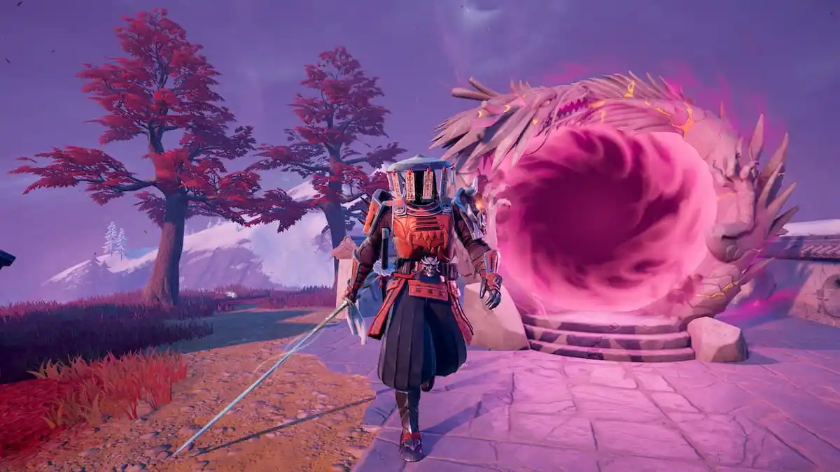 The Samurai X boss walking in front of a glowing red portal in Fortnite.