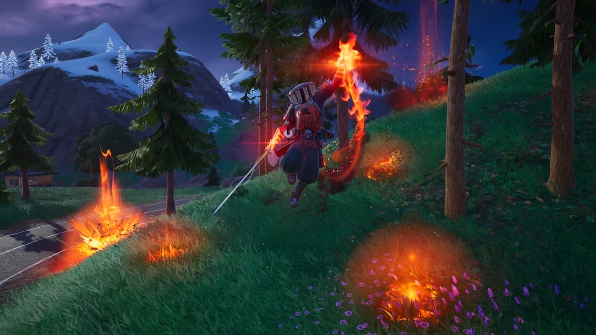 Picture showing the Shogun Samurai X Boss using ground lava blast attack in Fortnite.