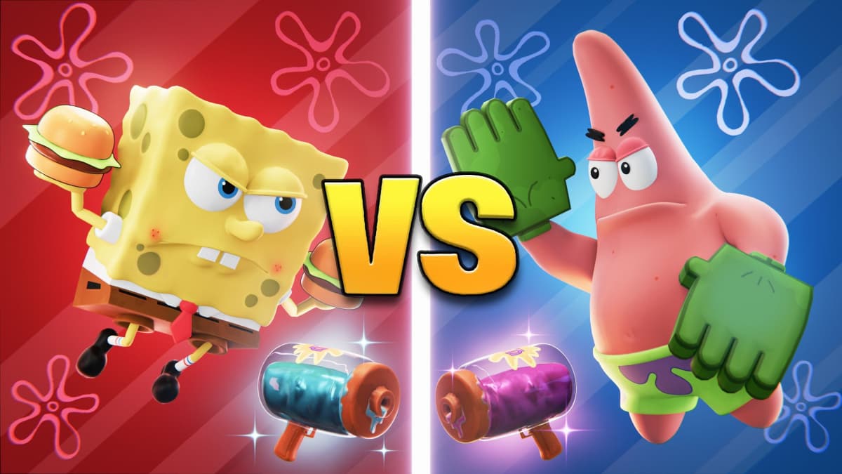 Spongebob and Patrick facing off in Slap Flight in Fortnite.