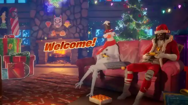 An image of the title screen from Fortnite's Winterfest event, which features Snoop Dogg dressed as Santa relaxing on a couch.