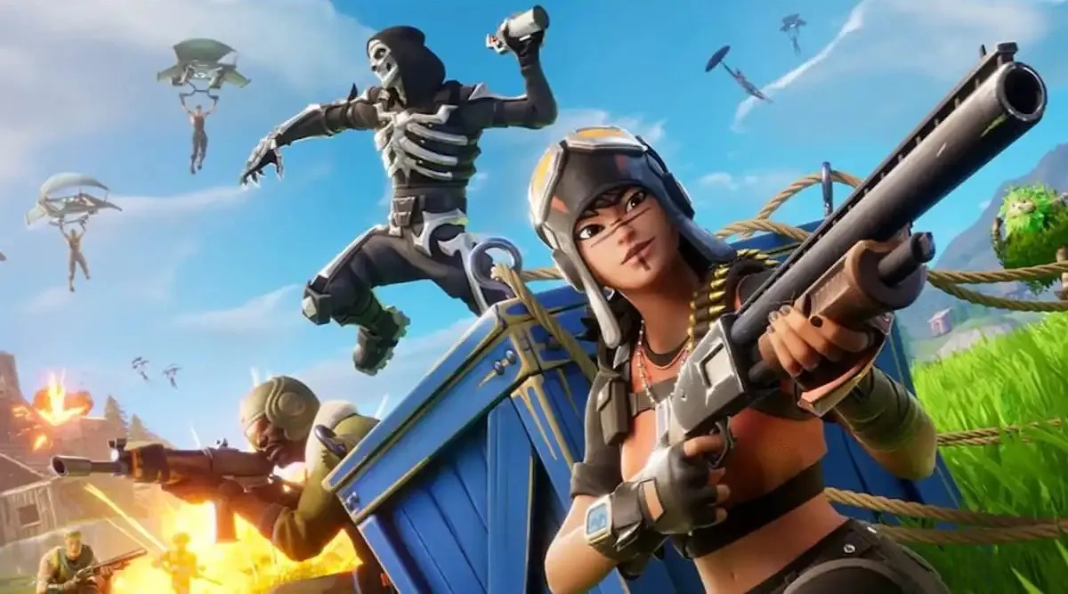 Fortnite characters wield weapons while one in a skeleton outfit jumps over a box, throwing a grenade.