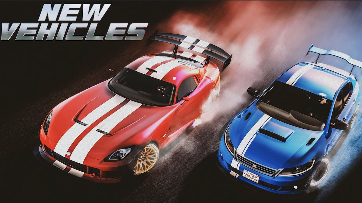 Grand Theft Auto Online promotional image with a red car racing a blue car that says "new vehicles"