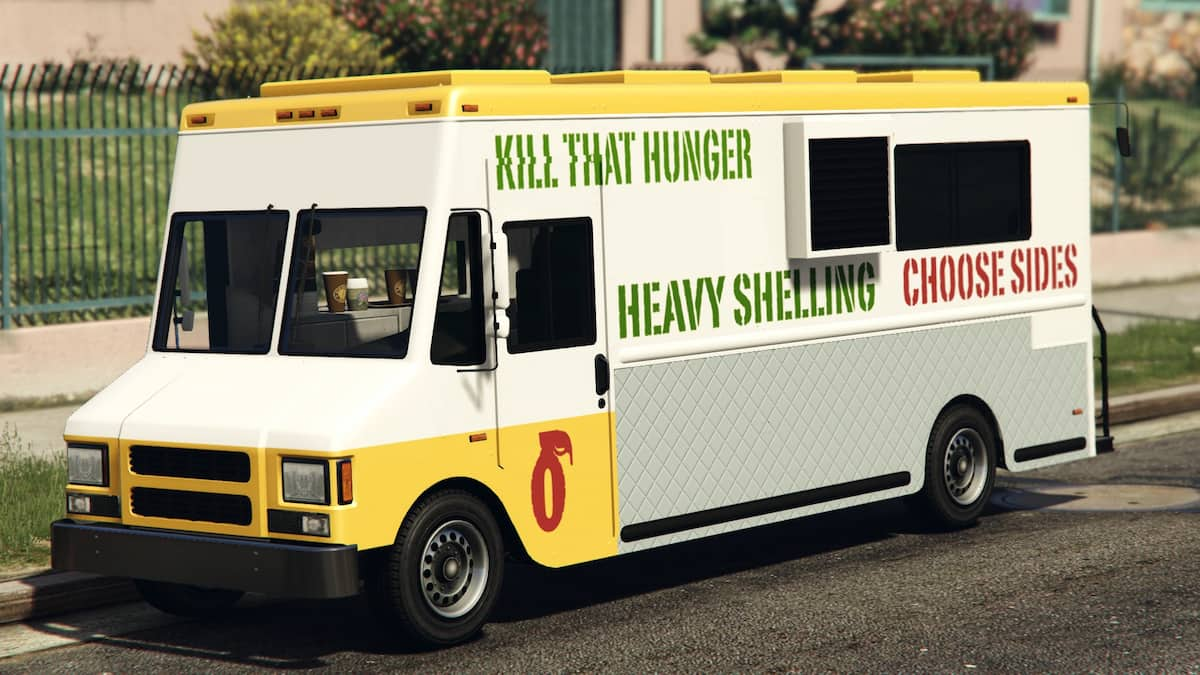 An image of the Taco Van from GTA Online, which has a grenade and text on the side of the vehicle.