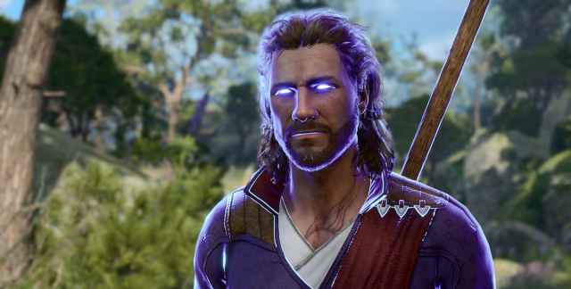 Gale's eyes and head glowing purple in Baldur's Gate 3.