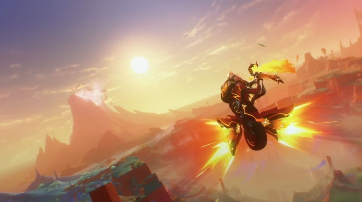 An image from Genshin Impact of Mavuika using her bike to fly over Natlan.