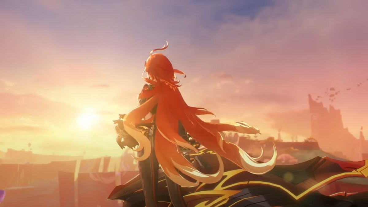 An image from Genshin Impact of the archon Mavuika starting at the sunset over Natlan, while she stands next to her motorcycle.