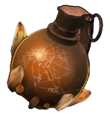 A spherical grenade with shiny tan effects and bits of rock at the bottom.