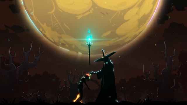 A cinematic shot of a giant moon in the background with Hecate lifting up Melinoë after defeating her in battle