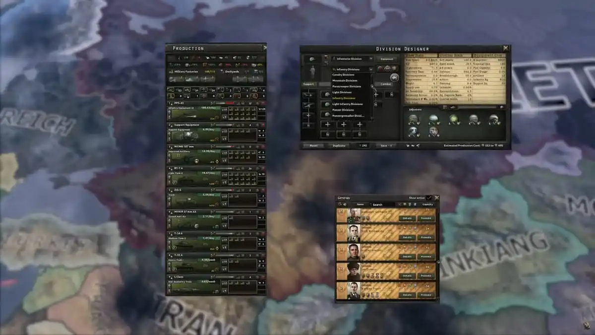 Gameplay windows in Hearts of Iron IV.