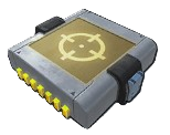 The Homing Module, a grey square with a yellow square on top of it and a reticle 