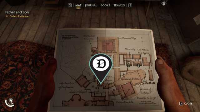 A character holds a map of the Vatican. There's a pin in the location where the player needs to find the Father and Son mystery.