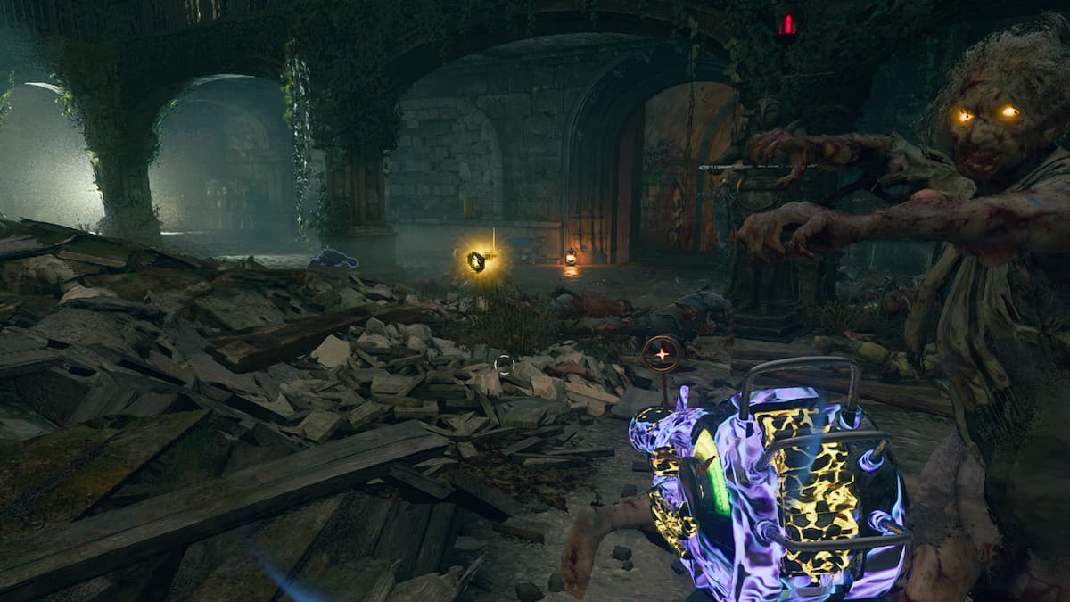 A character wielding a glowing purple gun looks at the crumbling basement of a castle.