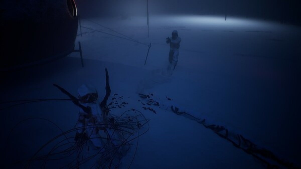 A character wearing cold weather gear, approaching from the north, walking past a circular tent and towards a mutated corpse