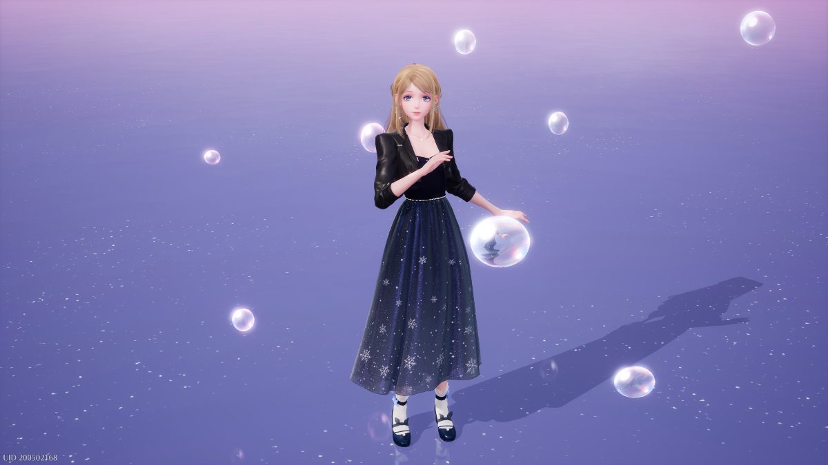 Nikki standing still for the Glow Up launch animation, surrounded by Shiny Bubbles