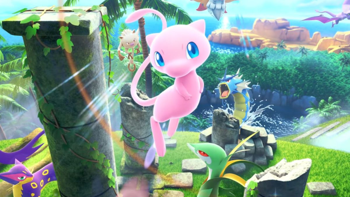 Mew Pokémon flying in forest island location with other Pokémon in the back and sunlight reflections.