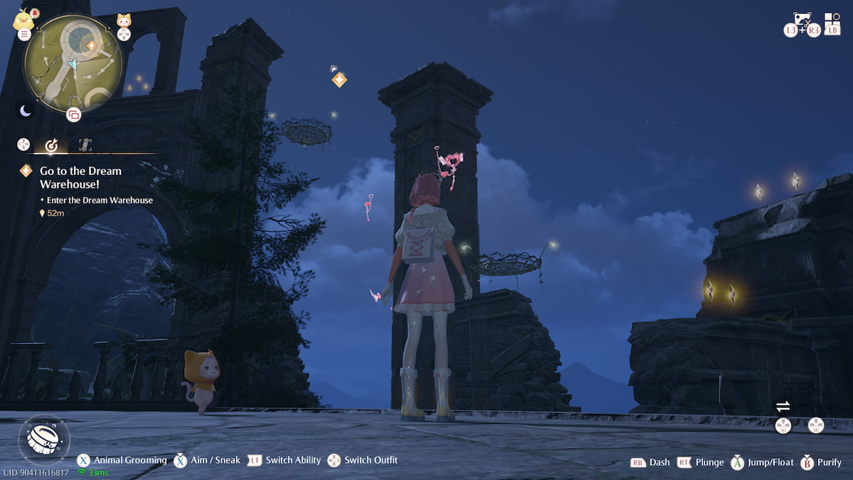 nikki looking at pillars of some ruins with Bling stars to collect