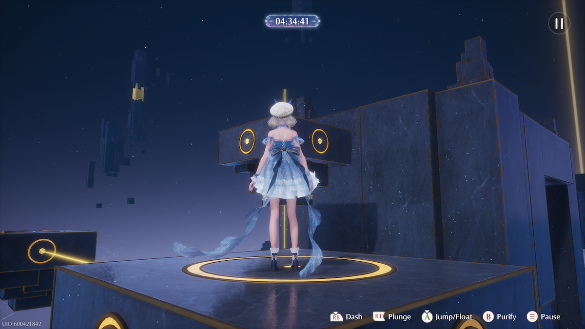 Nikki in her blue floating dress jumping on moving platforms