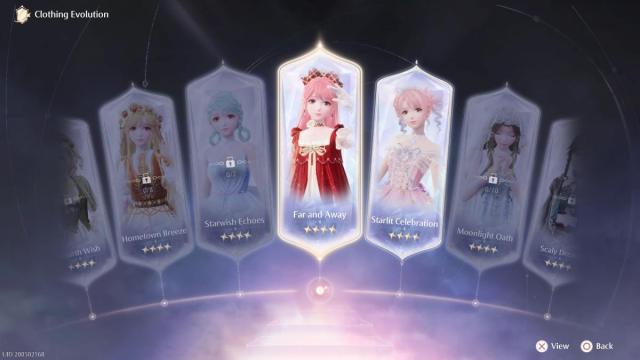 Looking at the two unlocked 4-star outfits in the Clothing Evolution selection menu for Infinity Nikki