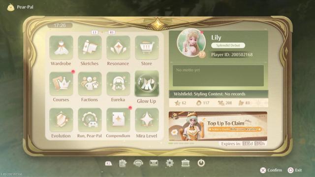 The Pear-Pal menu with Glow Up highlighted in Infinity Nikki