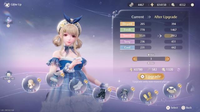 Looking at the clothing stats of an item and thinking about upgrading a clothing item as part of an outfit in Infinity Nikki