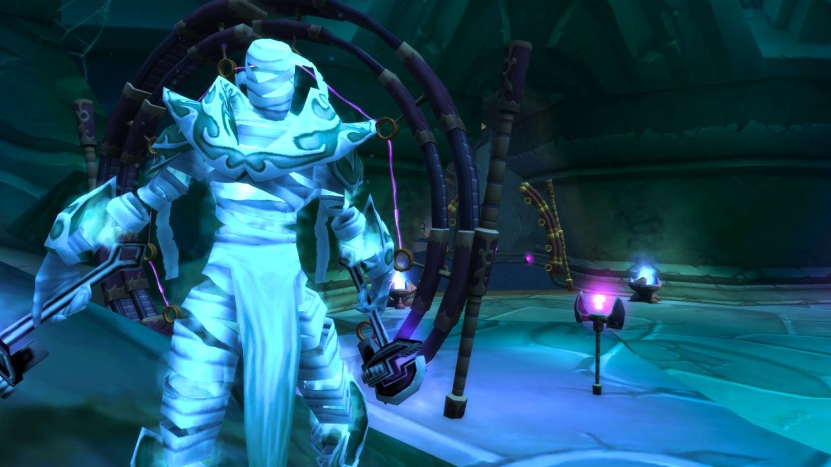 Ethereal character standing in front of the Mana Tombs in World of Warcraft.