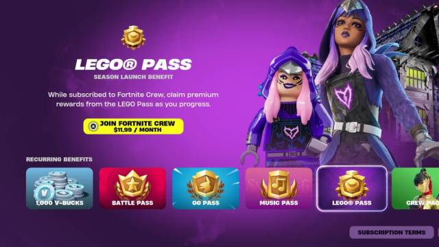 An image from Lego Fortnite of the Fortnite Crew page, which details everything you unlock for subscribing to the service.