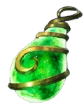 A bright green tear drop-shaped bottle from Palworld with a gold spiral accent wrapping around it. This is the Stout Fruit item from Palworld.