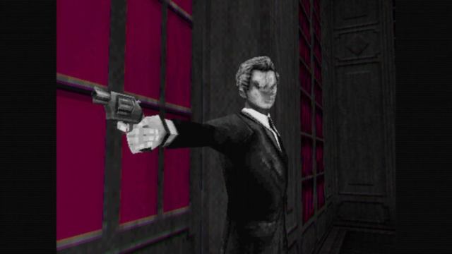 A faceless man pointing a revolver to the left of the camera